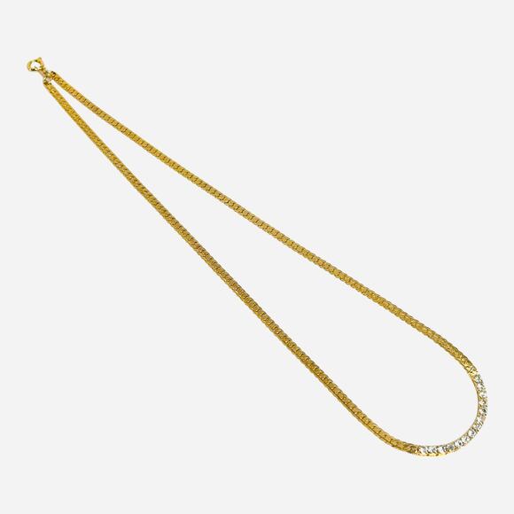 Vintage Gold Tone Mixed Links Curb Chain Pave Clear Rhinestones Section Necklace - Picture 2 of 4